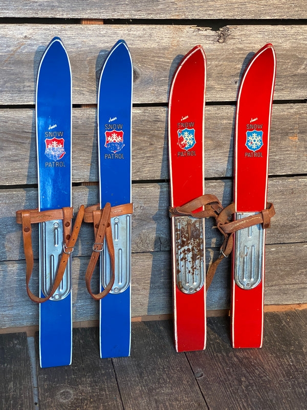 vintage child's size skis, red plastic mini-ski set w/ poles, winter sport  toy