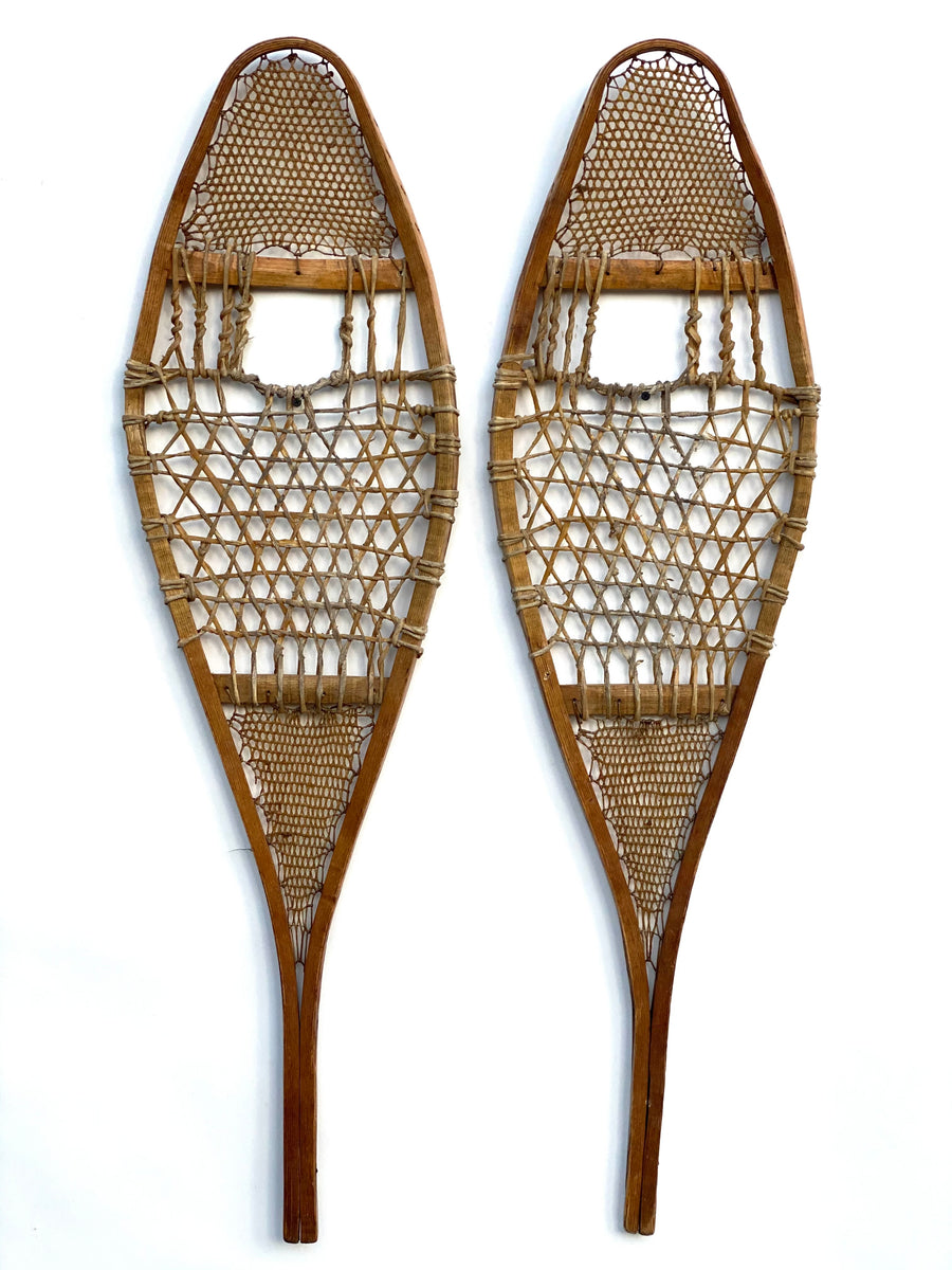 1942 Vintage Handmade Bent Wood and Laced Rawhide Snowshoes - a Pair